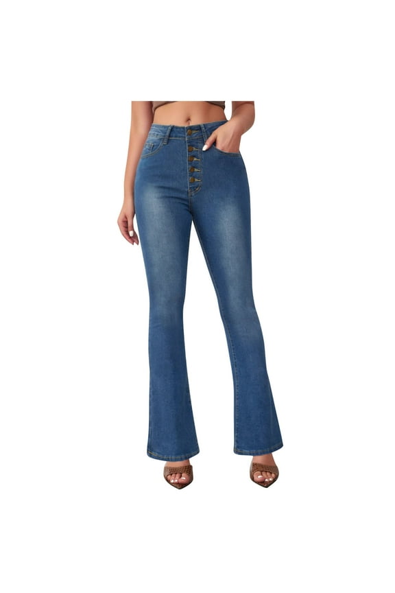 50% Clearance Off Jeans for Women High Rise Bootcut Button Flat Front Flare Leg Denim Pants with Pockets Ladies Trendy Slim Fit Skinny Stretchy Solid Trousers Christmas Outfits