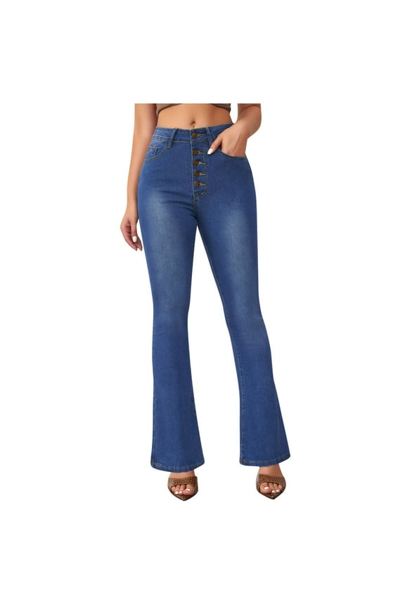 Jeans for Women High Rise Bootcut Button Flat Front Flare Leg Denim Pants with Pockets Ladies Trendy Slim Fit Skinny Stretchy Solid Trousers Christmas Outfits