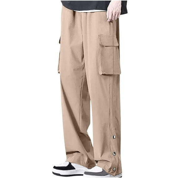 Sinpiling Mens Plus Size Cargo Pants M-5X Big and Tall Multi Pockets Straight Wide Leg Trousers Loose Solid Drawstring Button Slit Bottom Joggers Hiking Pant Christmas Gifts