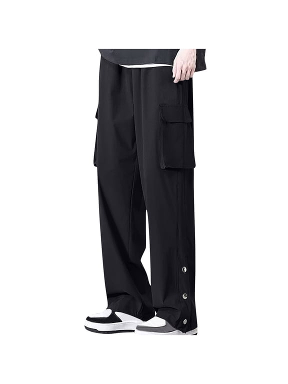 Mens Plus Size Cargo Pants M-5X Big and Tall Multi Pockets Straight Wide Leg Trousers Loose Solid Drawstring Button Slit Bottom Joggers Hiking Pant Christmas Gifts