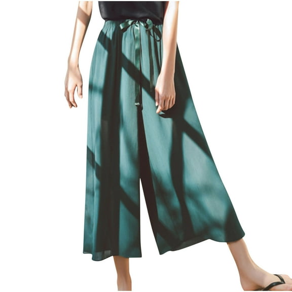 Sinpiling Palazzo Chiffon Pants for Women Plus Size M-5X Casual Loose Wide Leg Drawstring Elastic Waist Lightweight Solid Baggy Pleated Loungewear Pant Trousers Christmas Gifts