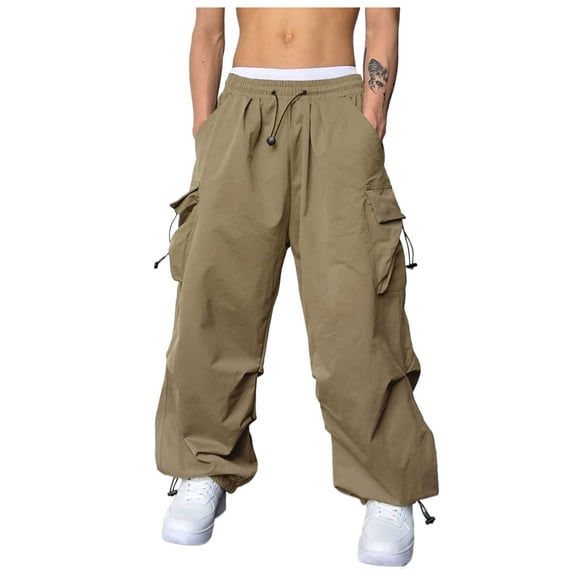 Sinpiling Parachute Pants for Men Baggy Drawstring Elastic High Waisted Multi Pockets Cargo Trousers Casual Solid Lightweight Taper Loose Joggers Hiking Pant Christmas Gifts