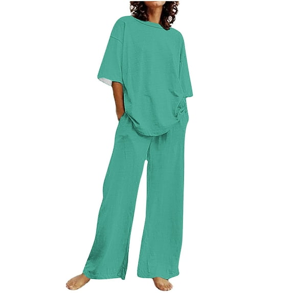 Sinpiling Plus Size Outfits for Women Casual Short Sleeve Round Neck Tops Wide Leg Long Pants Two Pieces Loose Solid Color Comfort Loungewear Sets with Pockets Christmas Gifts