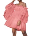 thumbnail image 1 of Sinpiling Off the Shoulder Dresses for Women Strapless Ruffle Puffed Sleeve Pleated Empire Waisted Peplum Solid Casual Loose Cute Layered Tulle Mini Dress Christmas Gifts, 1 of 5
