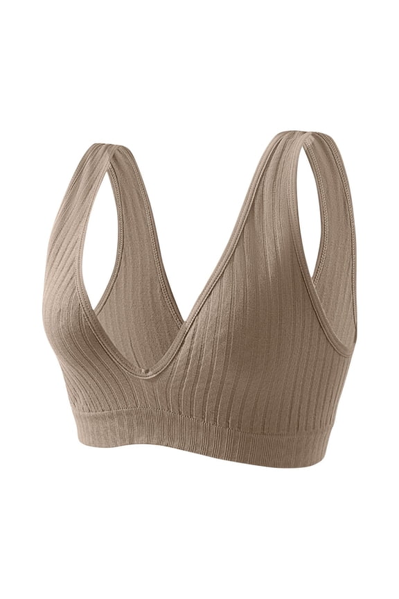 Sports Bras for Women Deep V Ribbed Wire-Free Full-Coverage Bralettes Underwear Ladies Casual Solid Stretchy Pullover Comfort Basic Bra Vest Christmas Gifts