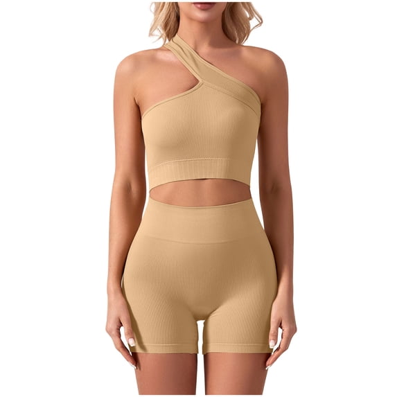 Sinpiling Women Workout Sets Yoga Outfits Ribbed One Shoulder Crop Top High Waisted Running Short 2 Piece Stretchy Slim Gym Athletic Tracksuit Set Christmas Outfit