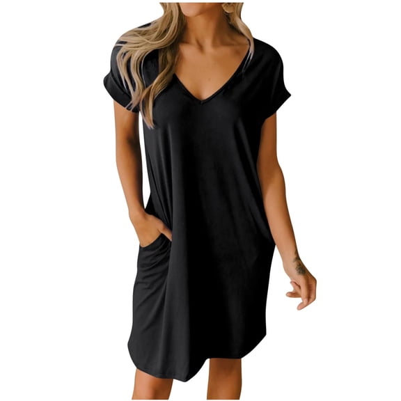 Sinpiling Womens Dresses with Pockets Casual Short Sleeve V-Neck Soft Homewear Nightgowns Loose Pullover Basic Solid Color Going Out Knee Length Mini Dress Christmas Gifts