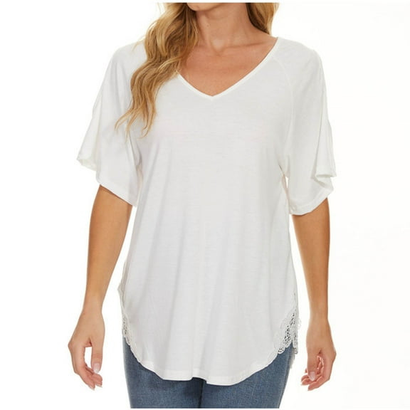 Sinpiling Womens Tops Cold Shoulder Trendy Short Sleeve V-Neck Loose T Shirts Casual Lace Splice Side Slit Solid Color Soft Modal Tunic Top Tshirts Christmas Outfit