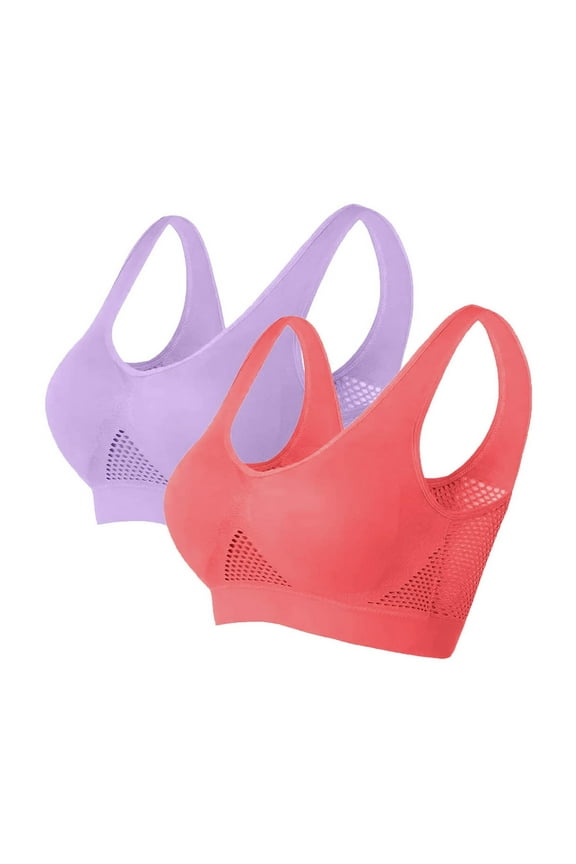 Womens Wireless Sports Bras Plus Size 2 Pack Hollow Out Stretchy Pullover Support Bralettes Ladies Solid Comfort Basic Nylon Bra Underwear S-6X Christmas Gifts