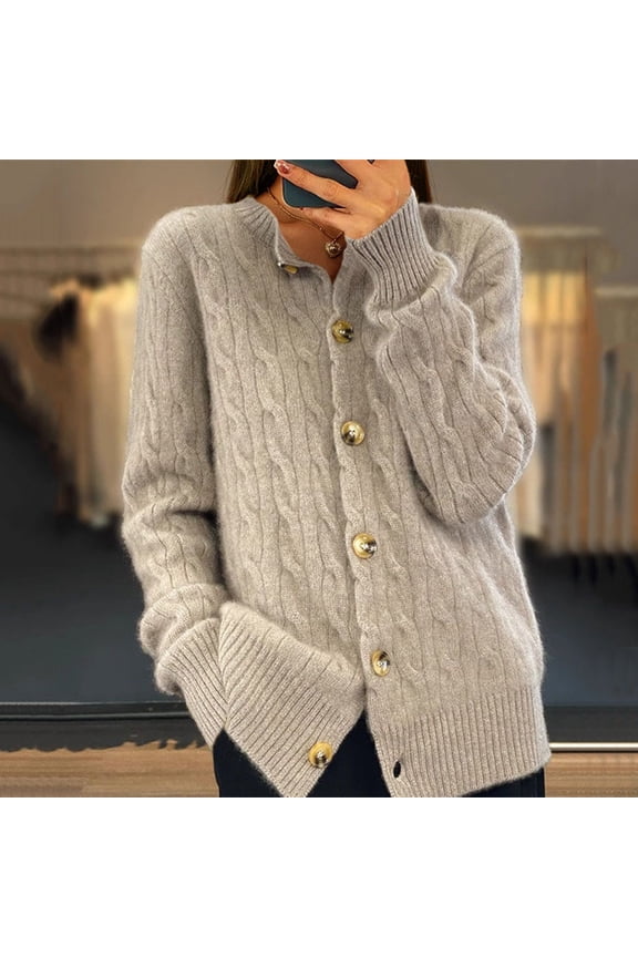 Cardigans Sweaters for Women Button-Down Long Sleeve Crewneck Cable Kitted Cardigan Ladies Trendy Solid Soft Crochet Sweater Coats