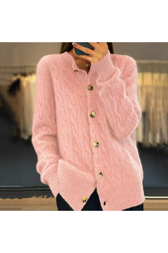Cardigans Sweaters for Women Button-Down Long Sleeve Crewneck Cable Kitted Cardigan Ladies Trendy Solid Soft Crochet Sweater Coats