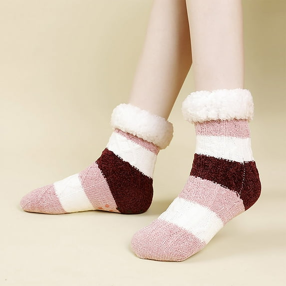 Sinpiling Couple Crew Slipper Socks for Women and Men Unisex Fleece Lined Thick Thermal Warm Knitted Non-Slip Color Block Grip Boot Sock