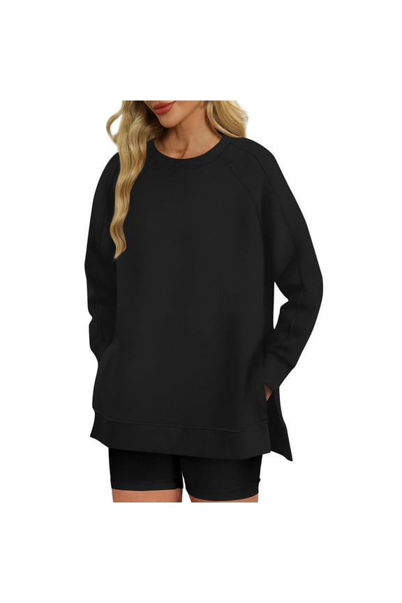 Crewneck Sweatshirts for Women Casual Long Sleeve Pullover Tops Ladies Basic Solid Color Side Slit Comfort Oversized Sweatshirt
