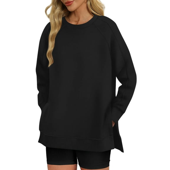 Sinpiling Crewneck Sweatshirts for Women Casual Long Sleeve Pullover Tops Ladies Basic Solid Color Side Slit Comfort Oversized Sweatshirt