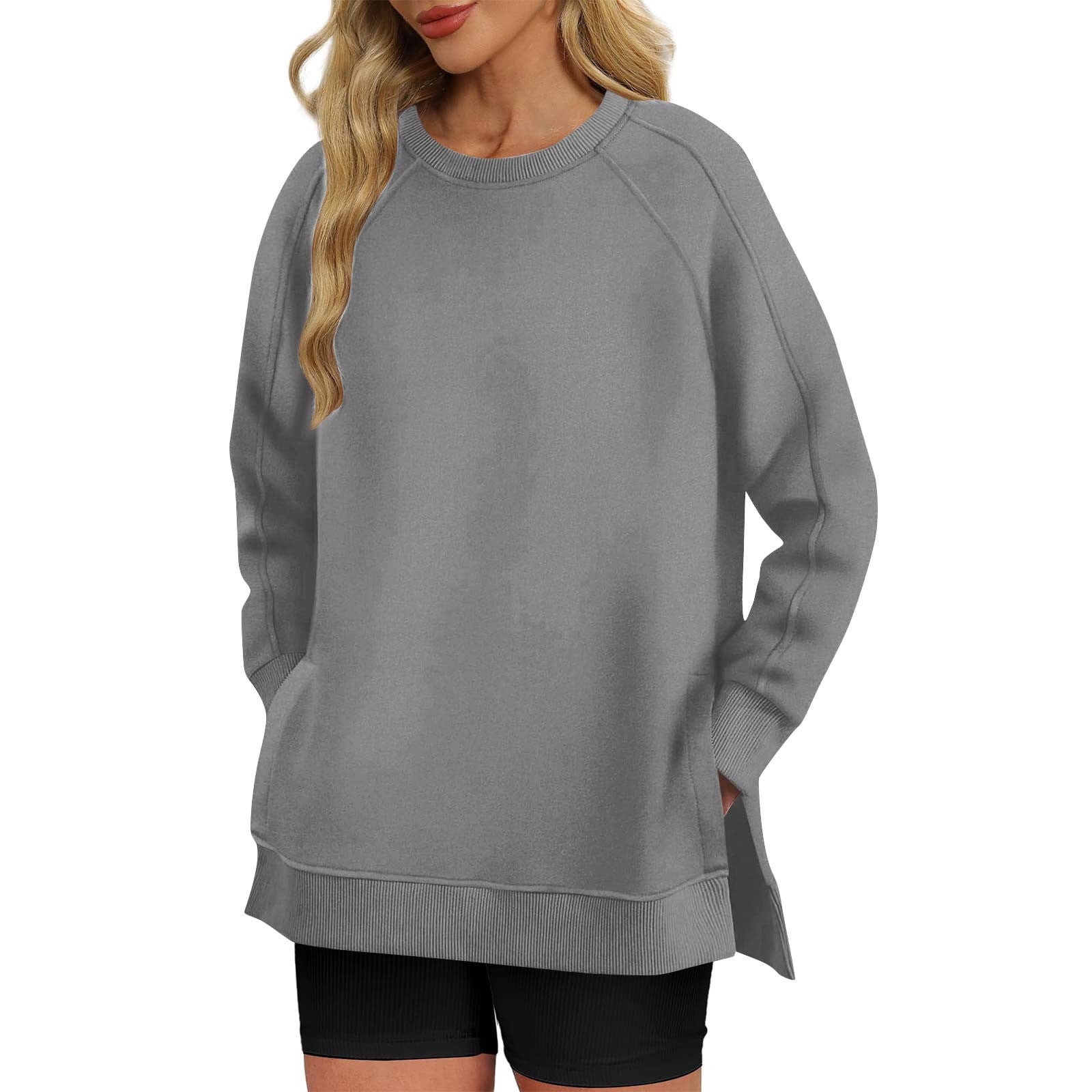 Women Casual Solid Color Crewneck Long Sleeve Split Blank Sweatshirt main image 1