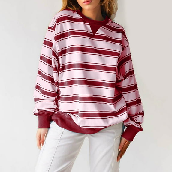 Sinpiling Crewneck Tops for Women Trendy Stripe Printed Long Sleeve Sweatshirts Ladies Casual Loose Comfy Going Out Tees Shirts Fall