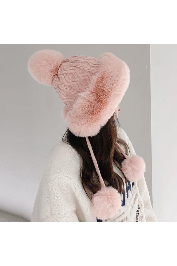 Fleece Beanies Hats for Women with Ear-Flaps Straps Pom-Pom Trendy Solid Chunky Knitted Thermal Warm Sherpa Cap Hat Winter Clearance
