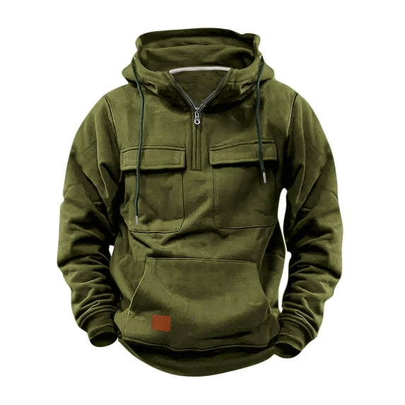 Sinpiling Mens Cargo Hoodies Sweatshirts Multi-Pockets Half Zipper Pullover Fleece Long Sleeve Sweatshirt Casual Solid Outdoor Workout Hooded