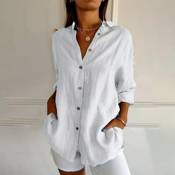 Sinpiling Plus Size Shirts for Women S-5X Button-Down Collared Long Sleeve Blouses Ladies Casual Solid Loose Comfort Business Work Tops