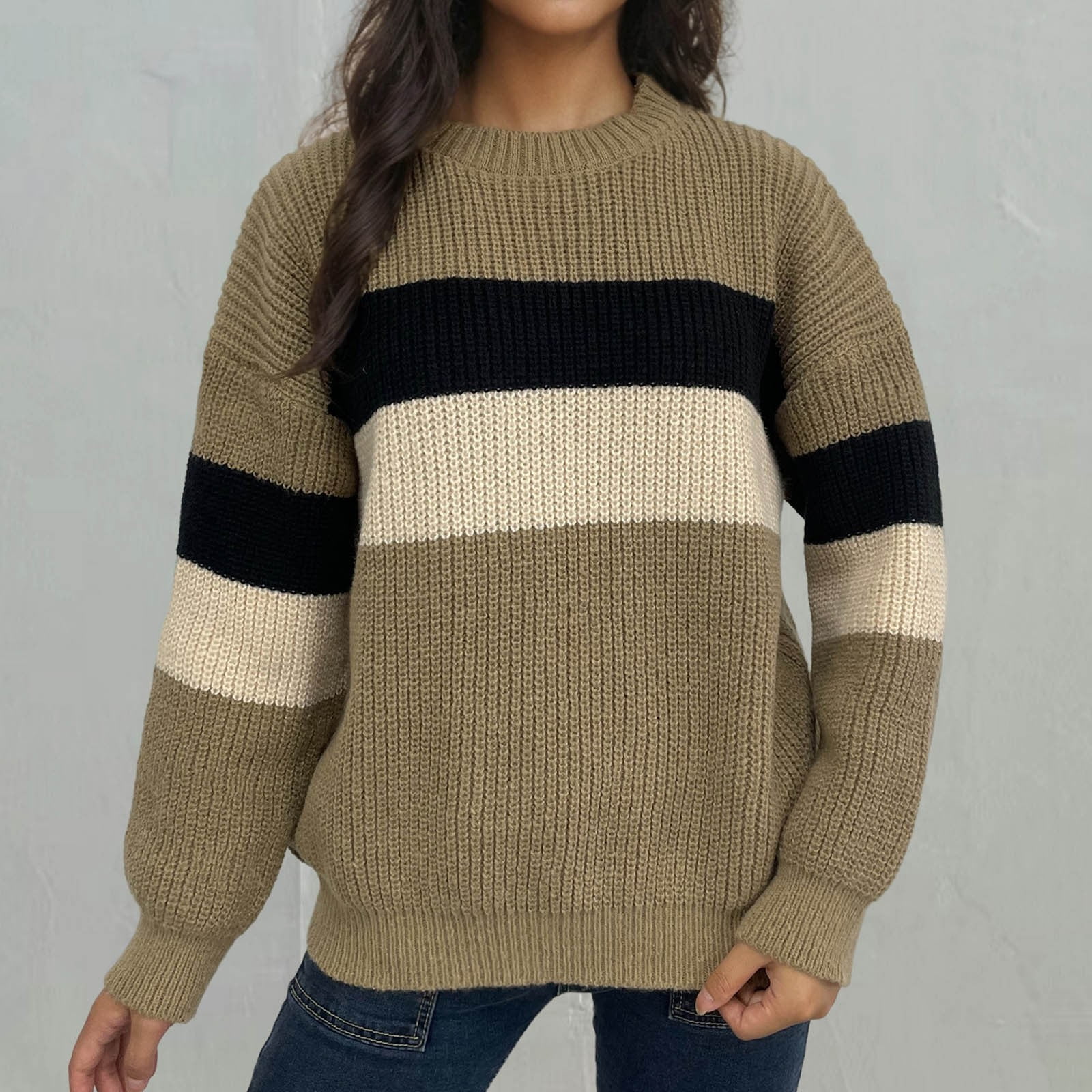 Sinpiling Plus Size Sweaters for Women S-4X Casual Long Sleeve Crewneck Pullover Knitted Tops Ladies Trendy Color Block Comfort Sweater