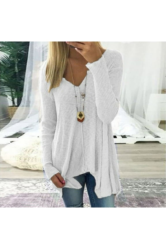 Plus Size Sweaters for Women S-5X Casual Long Sleeve V Neck Pullover Knitted Tops Ladies Basic Solid Irregular Hem Loose Sweater