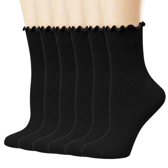Sinpiling Ruffle Crew Cotton-Socks for Women 6 Pack Cute Ribbed Casual Solid Comfort Basic Multipack Boot Sock
