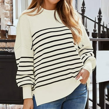 Sinpiling Sweaters for Women Trendy Crewneck Pullover Stripe Printed Tops Casual Long Lantern-Sleeve Side-Split Loose Comfy Crochet Sweater Clearance