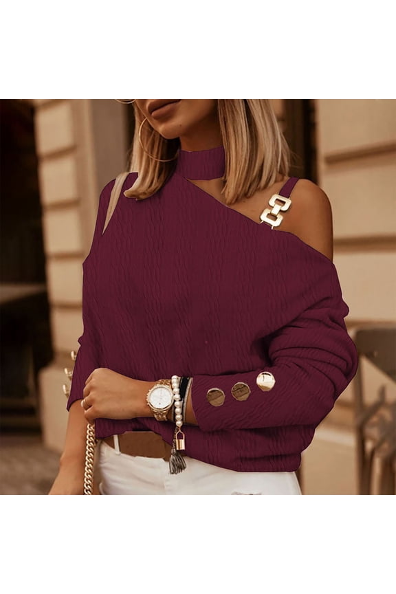 Sweaters for Women Trendy Strap One Shoulder Long Sleeve Pullover Mock Neck Tops Ladies Casual Soft Solid Button Sweater