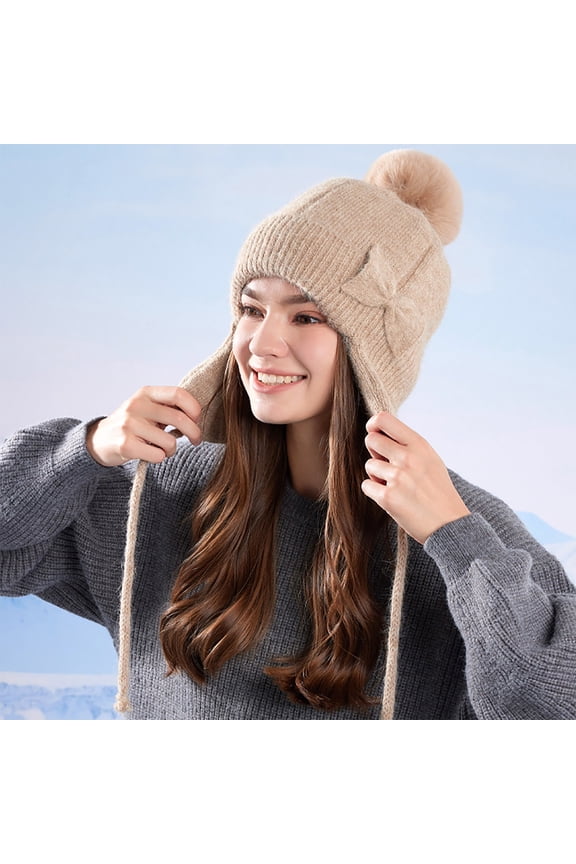 Winter Hats for Women Beanies with Ear-Flaps Straps Fleece Wool Knitted Thermal Warm Outdoor Ski Snow Solid Cap & Hat