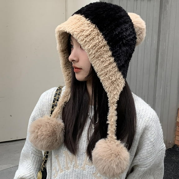 Sinpiling Winter Hats for Women with Ear-Flaps Pom-Pom Strap Beanies Fleece Sherpa Thermal Warm Color Block Ski Snow Wool Knitted Cap Hat