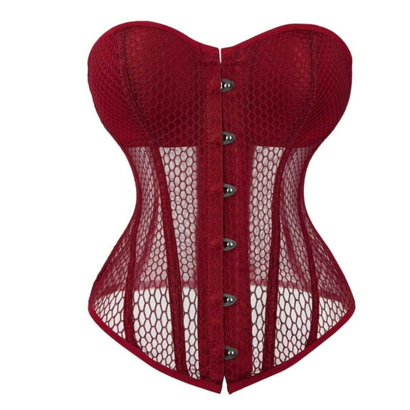 Sinpiling Womens Fishnet Corset Tops Hollow Out See-Through Strapless Underbust Shapewear Ladies Trendy Solid Going Out Lace-Up Bustier