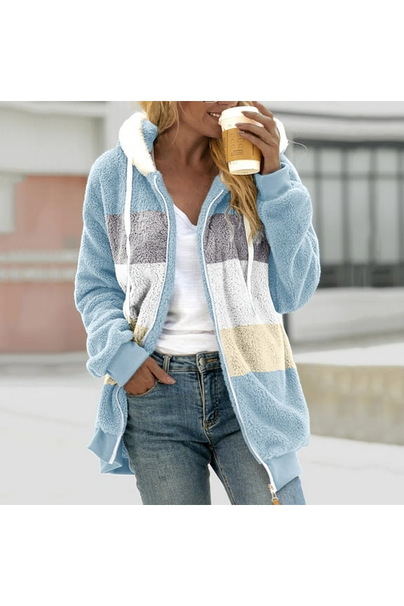Womens Fleece Coats with Hooded Plus Size S-5X Full Zipper Up Jackets Casual Color Block Long Sleeve Warm Coat Winter