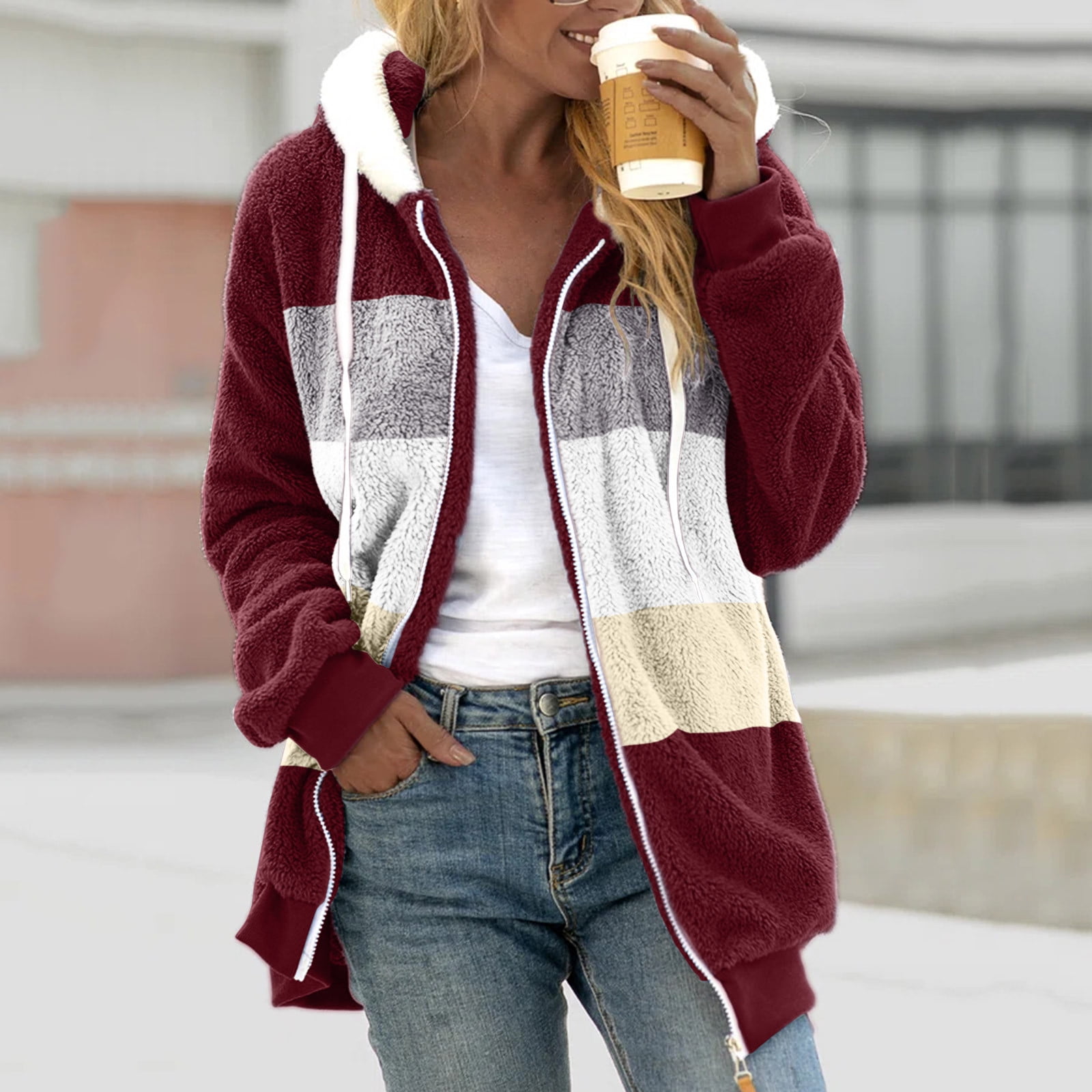Sinpiling Womens Fleece Coats with Hooded Plus Size S-5X Full Zipper Up Jackets Casual Color Block Long Sleeve Warm Coat Winter