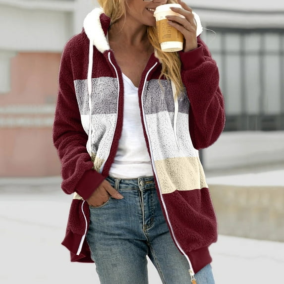 Sinpiling Womens Fleece Coats with Hooded Plus Size S-5X Full Zipper Up Jackets Casual Color Block Long Sleeve Warm Coat Winter Saving Clearance