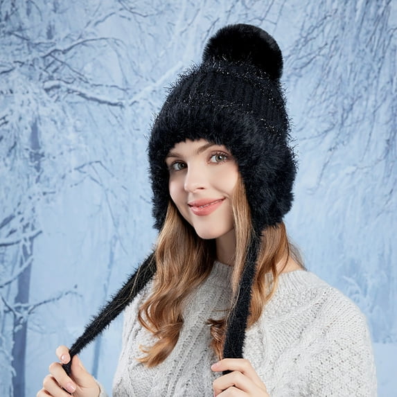 Sinpiling Womens Fleece Winter Beanies Hats with Ear-Flaps Pom-Pom Straps Solid Thick Thermal Warm Wool Knitted Ski Snow Skull Cap