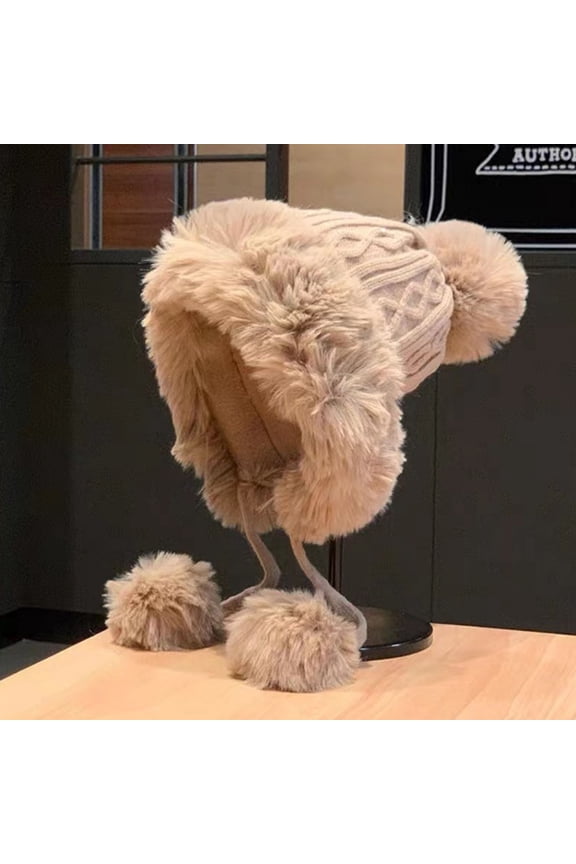 Womens Fleece Winter Beanies Hats with Ear-Flaps Pom-Pom Straps Thick Thermal Warm Sherpa Wool Knitted Ski Snow Cap