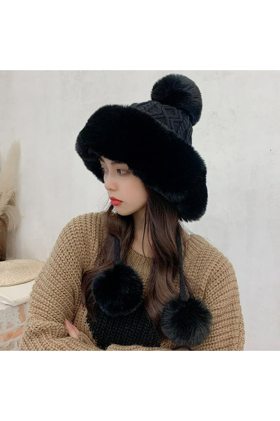 Womens Fleece Winter Beanies Hats with Ear-Flaps Pom-Pom Straps Thick Thermal Warm Sherpa Wool Knitted Ski Snow Cap