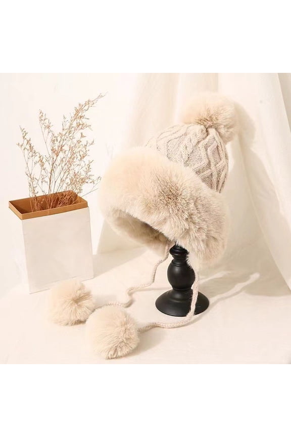 Womens Fleece Winter Beanies Hats with Ear-Flaps Pom-Pom Straps Thick Thermal Warm Sherpa Wool Knitted Ski Snow Cap