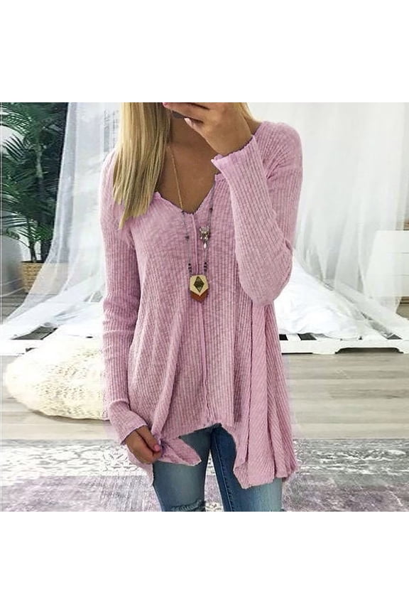 Womens Plus Size Sweaters S-5X Casual Pullover Long Sleeve V Neck Knitted Tops Ladies Basic Solid Loose Irregular Hem Soft Sweater