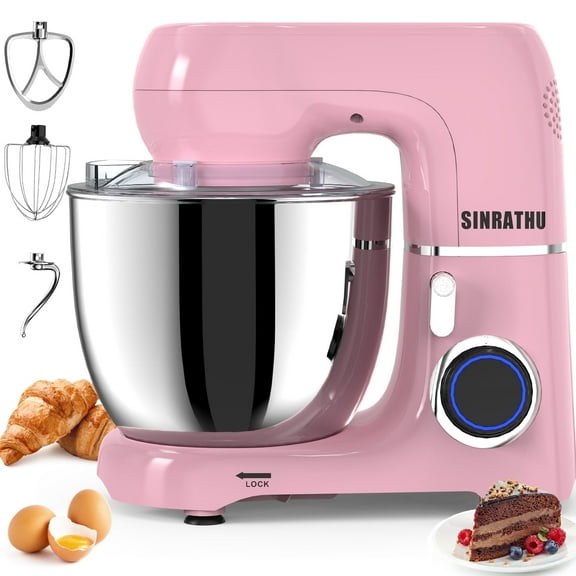 Sinrathu 6.5 QT Stand Mixer, 3-IN-1 Tilt-Head 10-Speed Food Mixer, Kitchen Electric Mixer with Bowl, BeaterDough, Hook, Whisk for Most Home Cooks,(Sakura Pink）