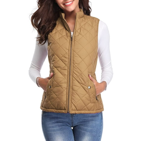 Sinrella Women Quilted Vest, Stand Collar Lightweight Zip Padded Gilet Outerwear Coats Camel M
