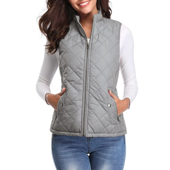 Sinrella Women Quilted Vest, Stand Collar Lightweight Zip Padded Gilet Outerwear Coats Gray L