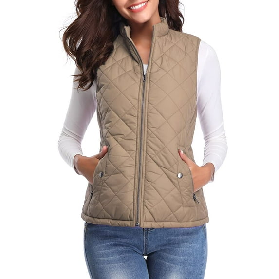 Sinrella Women Quilted Vest, Stand Collar Lightweight Zip Padded Gilet Outerwear Coats Khaki M
