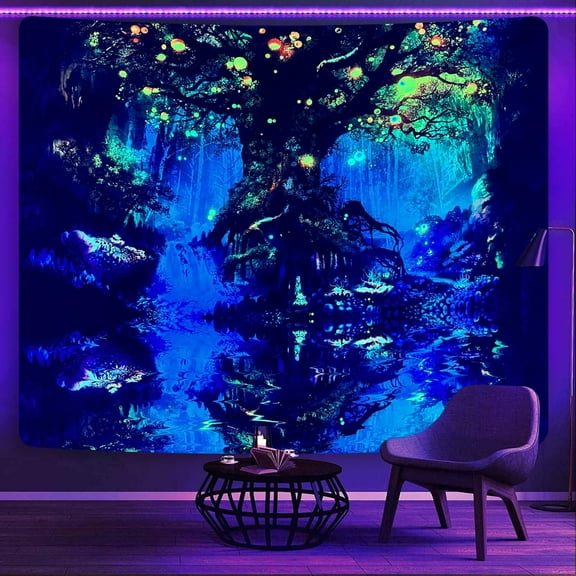 Sinsoledad Blacklight Tapestry Fantasy Fairy Forest River Wall Tapestry Tree of Life Black Light Poster Tapestries for Bedroom Aesthetic Inverted Reflection in Water 59 x 51 inches