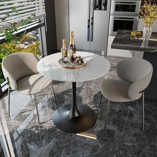 Sintered Stone Coffee Bar Table: Round 31" Modern Kitchen Dining Tables High Gloss White Marble Top with Black Round Pedestal Base for Home Coffee Shop Restaurant$$Furniture