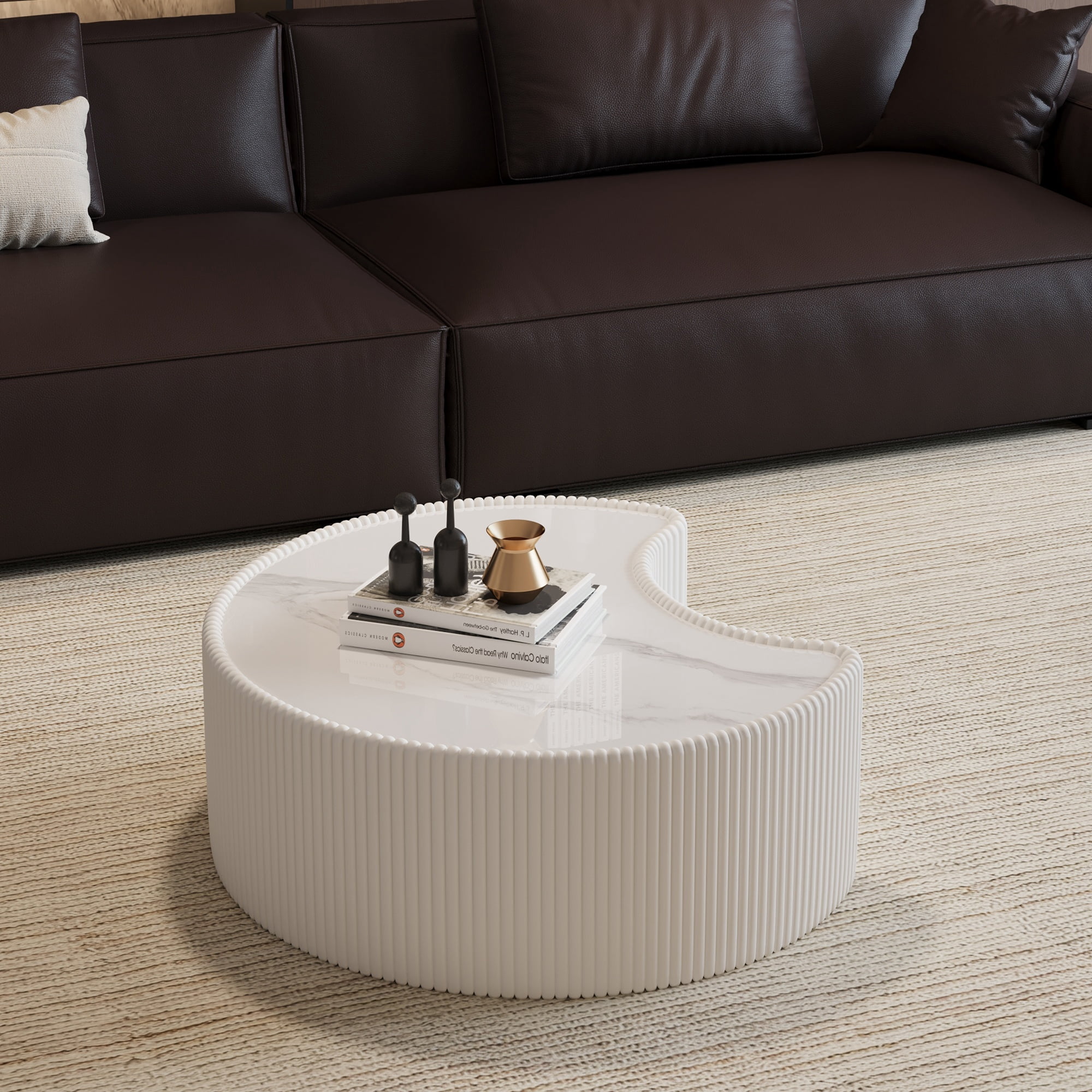 Sintered Stone Coffee Table 29.53 Inch, Irregular Shape Leather Top for Living Room Office, Cream White
