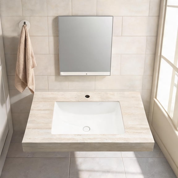 Sintered Stone Countertop with Undermount Ceramic Basin, 36-Inch, Travertine Pattern, Clean White