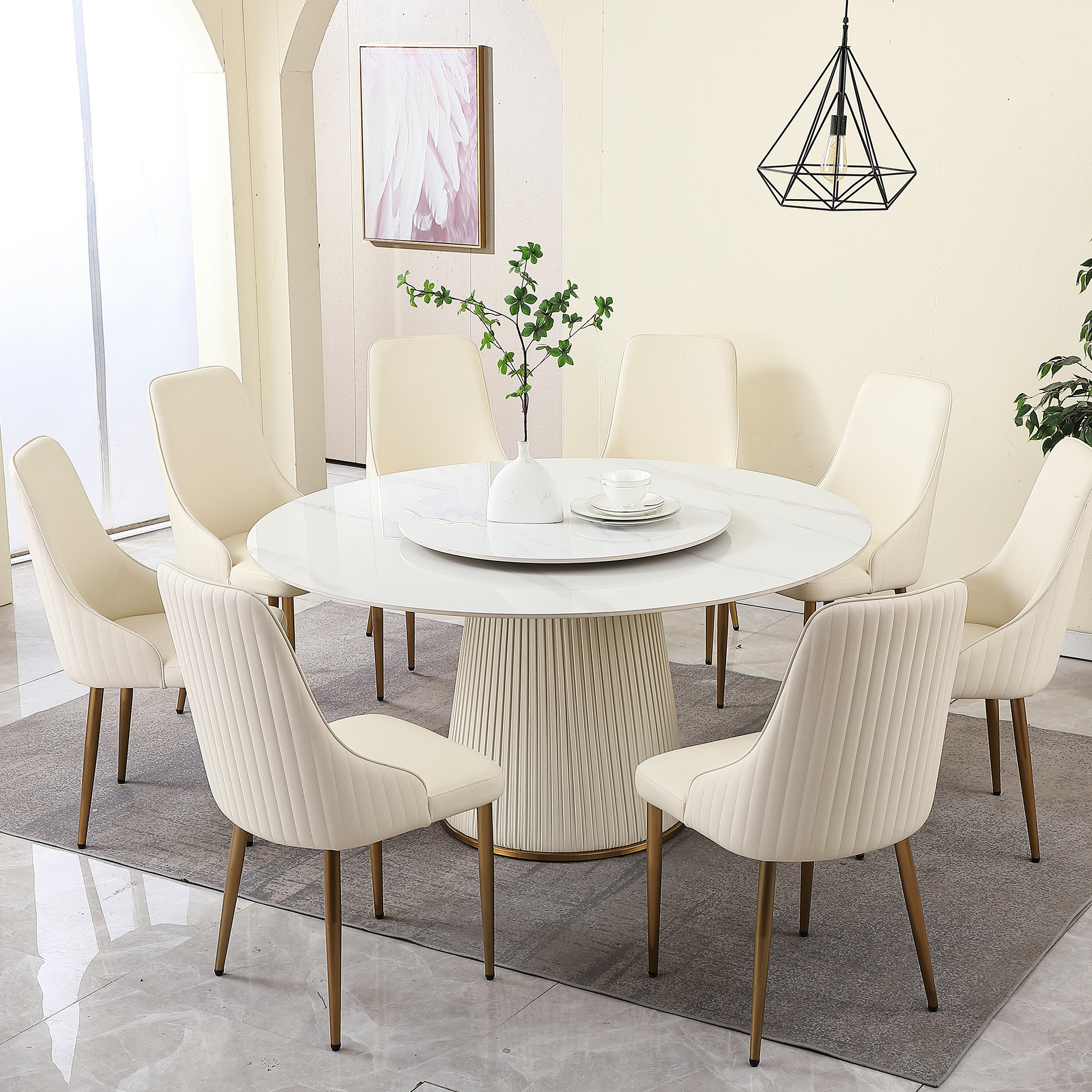 Sintered Stone Dining Table With 31.5" Round Turntable And 8 ...