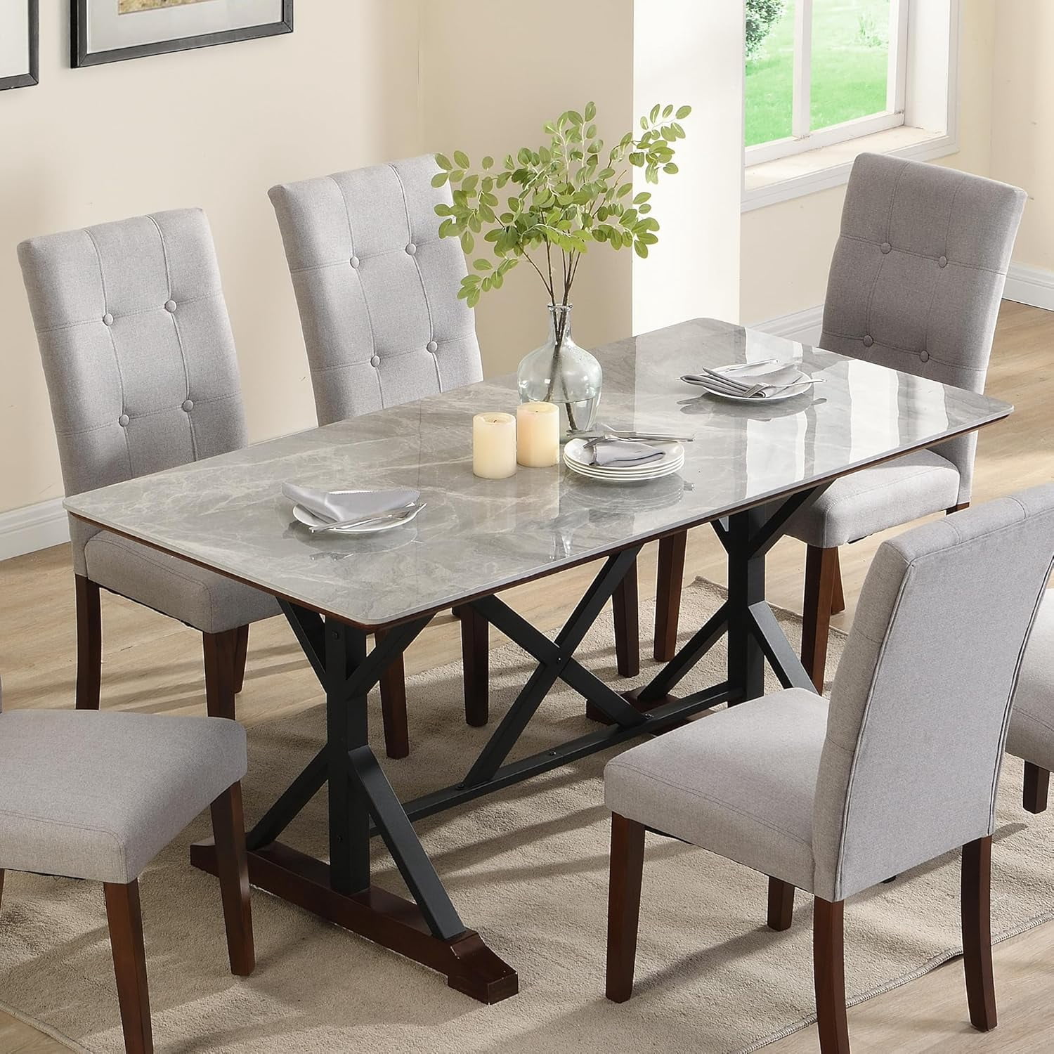 Sintered Stone Dining Table, 63" Modern Gray Rectangular Kitchen Dinner ...