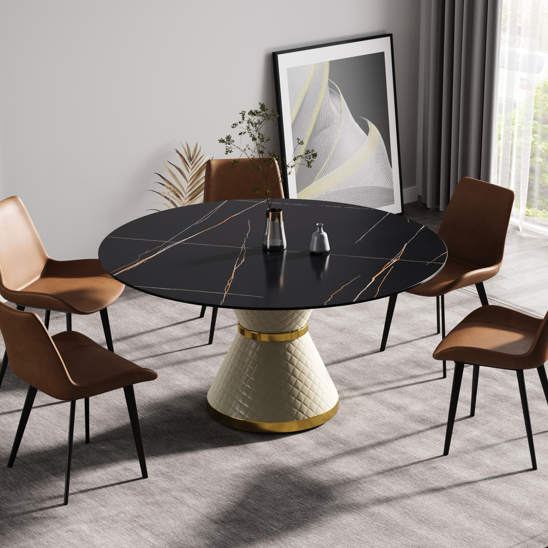 Sintered Stone Dining Table With Stable Black Carbon Steel Base, Fits 6 ...